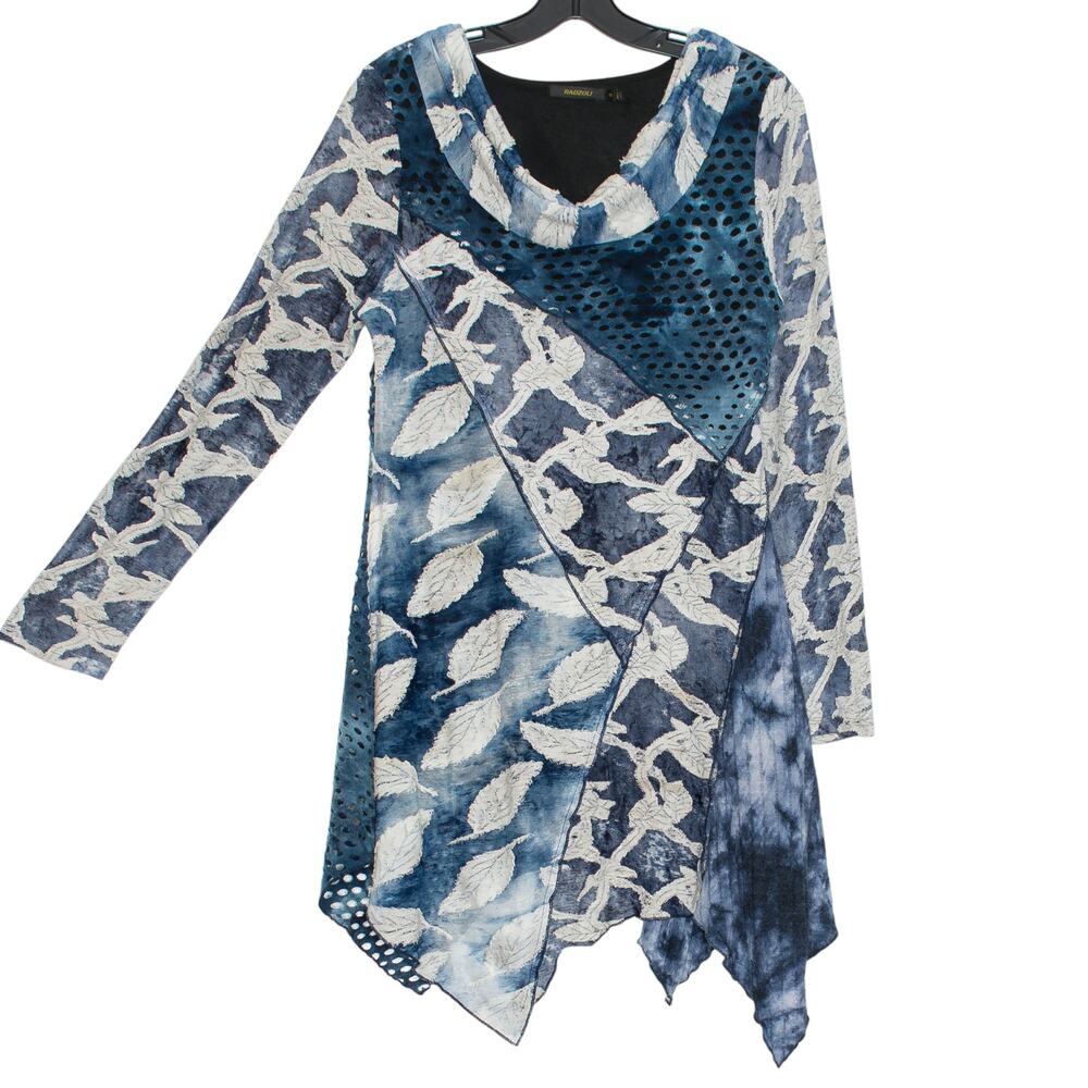 Tunic Top Cowl Patchwork Boho Cottage Coastal Lagenlook Asymmetrical Blue Small